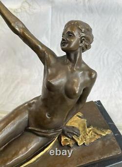 Real Solid Bronze Girl Chair Sculpture Statue Woman Art Deco Marble Base