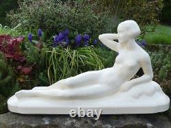 SARREGUEMINES Art Deco faience statuette of NAKED WOMAN signed HB, L. 47cm in Excellent Condition