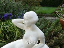 SARREGUEMINES Art Deco faience statuette of NAKED WOMAN signed HB, L. 47cm in Excellent Condition