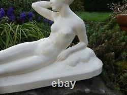 SARREGUEMINES Art Deco faience statuette of NAKED WOMAN signed HB, L. 47cm in Excellent Condition