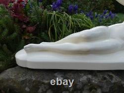 SARREGUEMINES Art Deco faience statuette of NAKED WOMAN signed HB, L. 47cm in Excellent Condition