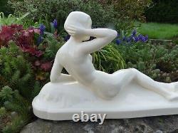 SARREGUEMINES Art Deco faience statuette of NAKED WOMAN signed HB, L. 47cm in Excellent Condition