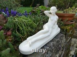 SARREGUEMINES Art Deco faience statuette of NAKED WOMAN signed HB, L. 47cm in Excellent Condition