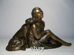 Sculpture Art Deco 1930 L. Bruns Statuette Woman With Lifting Dog Statue Barzoi