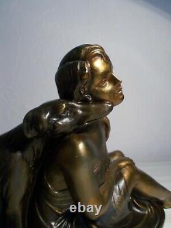 Sculpture Art Deco 1930 L. Bruns Statuette Woman With Lifting Dog Statue Barzoi