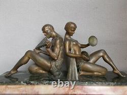 Sculpture Art Deco Limousin Naked Woman Man Wildlife Statue In Regulated Bronze Patina