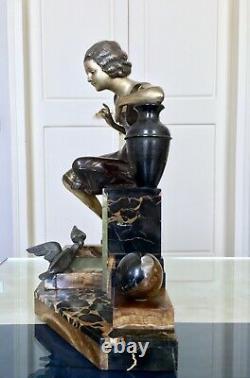 Sculpture Art Deco Marble Onyx Regular Decoration 1930 Woman And Birds