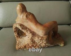 Sculpture Art Deco Marble Or Hard Stone With Bare Woman Pendulum On A Rock
