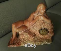 Sculpture Art Deco Marble Or Hard Stone With Clock Naked Woman On A Rock