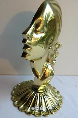 Sculpture Art Deco, Massive Gilt Bronze Woman Bust On Pedestal Bookend
