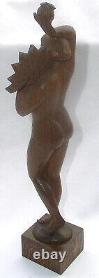 Sculpture Art Deco Wood Act Of A Woman Eve With Apple Fan