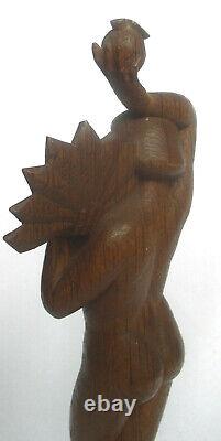 Sculpture Art Deco Wood Act Of A Woman Eve With Apple Fan