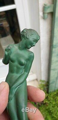 Sculpture Bronze Art Deco Raymonde Guerbe Woman At The Frog Patina Green