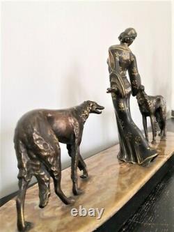 Sculpture, Bronze Statue''woman At Levriers'' Art Deco Signed Erget