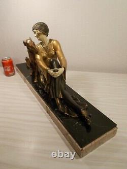 Sculpture Chryselephantine Art Deco 1930 A. Godard Statue Woman To Greyhound Dog