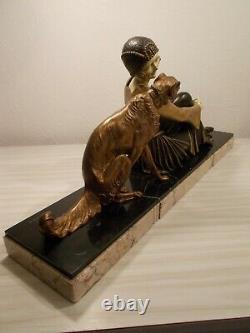 Sculpture Chryselephantine Art Deco 1930 A. Godard Statue Woman To Greyhound Dog