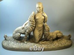Sculpture Clay Art Deco Woman With Dogs Signed Madem