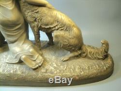 Sculpture Clay Art Deco Woman With Dogs Signed Madem