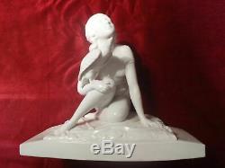 Sculpture Group In Faience Ceramic Art Deco Sign Naked Lady Hawk Eagle