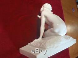 Sculpture Group In Faience Ceramic Art Deco Sign Naked Lady Hawk Eagle