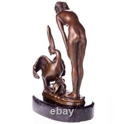 Sculpture Nude Woman with Pelican in Bronze Art Deco Style Signed