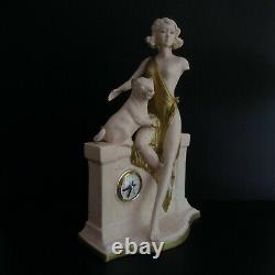 Sculpture Statue Ceramic Woman Feline Clock Real Clock Art Deco Italy N5731