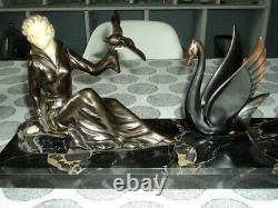Sculpture Statue Chryselephantine Regulated Doré Woman With Swans Art Deco 1920/30