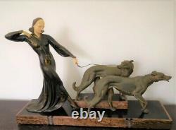 Sculpture, Statue Chryselephantine Woman At Levriers Art Deco
