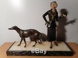 Sculpture Statue Regulates Art Deco Woman Chryselephantine Greyhound Marble Base