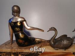Sculpture Statue Regulates Art Deco Woman Swan Marble Base