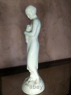 Sculpture Statue Woman And Lamb Faience Cracked Signed Sarreguemines Art Deco