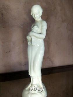 Sculpture Statue Woman And Lamb Faience Cracked Signed Sarreguemines Art Deco