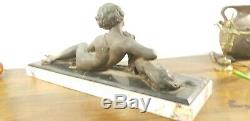 Sculpture Woman And Dog Greyhound Art Deco 1930 Vintage Statue On Marble Signed