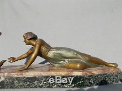 Sculpture Woman & Parrot Art Deco Vintage Spelter Statue Figural Woman Parrot