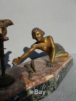 Sculpture Woman & Parrot Art Deco Vintage Spelter Statue Figural Woman Parrot