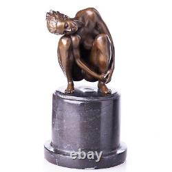 Sculpture of a Nude Woman in Bronze Sitting on a Black Marble Art Deco After Milo