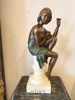 Sculpture of a Woman in Bronze Art Deco Style on White Stone Base Early 20th Century