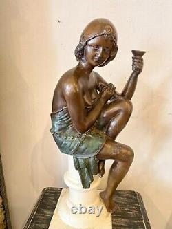 Sculpture of a Woman in Bronze Art Deco Style on White Stone Base Early 20th Century