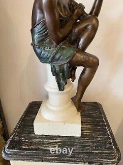 Sculpture of a Woman in Bronze Art Deco Style on White Stone Base Early 20th Century