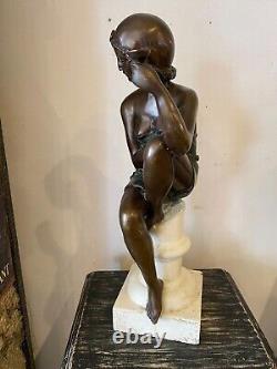 Sculpture of a Woman in Bronze Art Deco Style on White Stone Base Early 20th Century