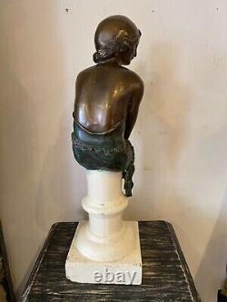 Sculpture of a Woman in Bronze Art Deco Style on White Stone Base Early 20th Century