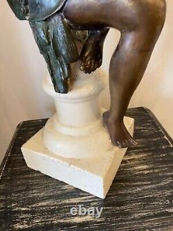 Sculpture of a Woman in Bronze Art Deco Style on White Stone Base Early 20th Century