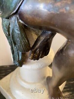 Sculpture of a Woman in Bronze Art Deco Style on White Stone Base Early 20th Century