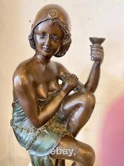 Sculpture of a Woman in Bronze Art Deco Style on White Stone Base Early 20th Century