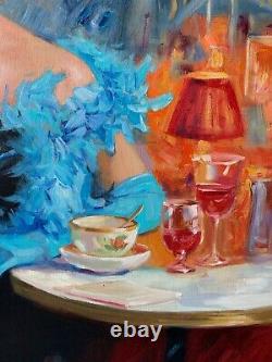 Sergey Ignatenko Table Oil Portrait Belle Epoque Elegant Woman Blue Dress