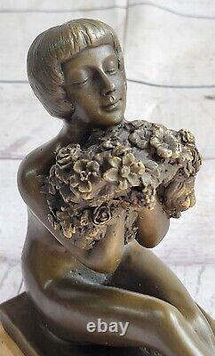 Sexy West Art Deco Sculpture Bronze Marble Chair Woman Beautiful Flower Girl Statue