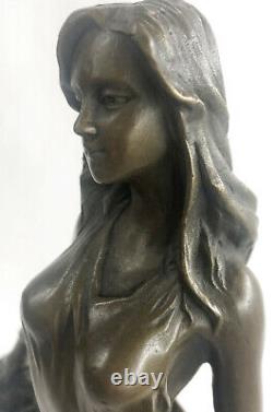 Signed Art Deco Young Woman With Fruit Baskets Bronze Marble Statue Figure