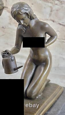 Signed Bronze Art Deco Sculpture Naked Beautiful Woman Watering Statue Flesh Opener