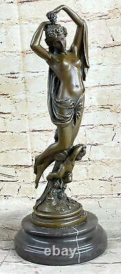 Signed Moreau Woman Sitting with Angel Bronze Statue Art Deco Cast Marble Figurine