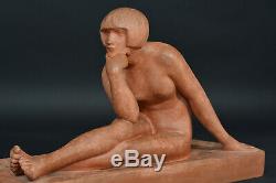 Statue Ancient Art Deco Naked Woman Pensive Antinea Clay Guiraud Riviere